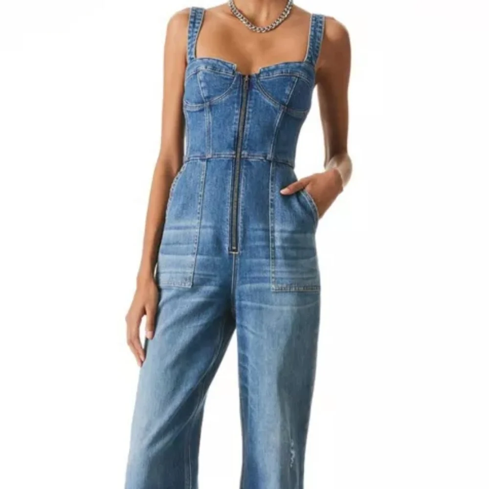Alice + Olivia Medium Blue Denim Bustier Zip-Front Overalls - Picture 2 of 12